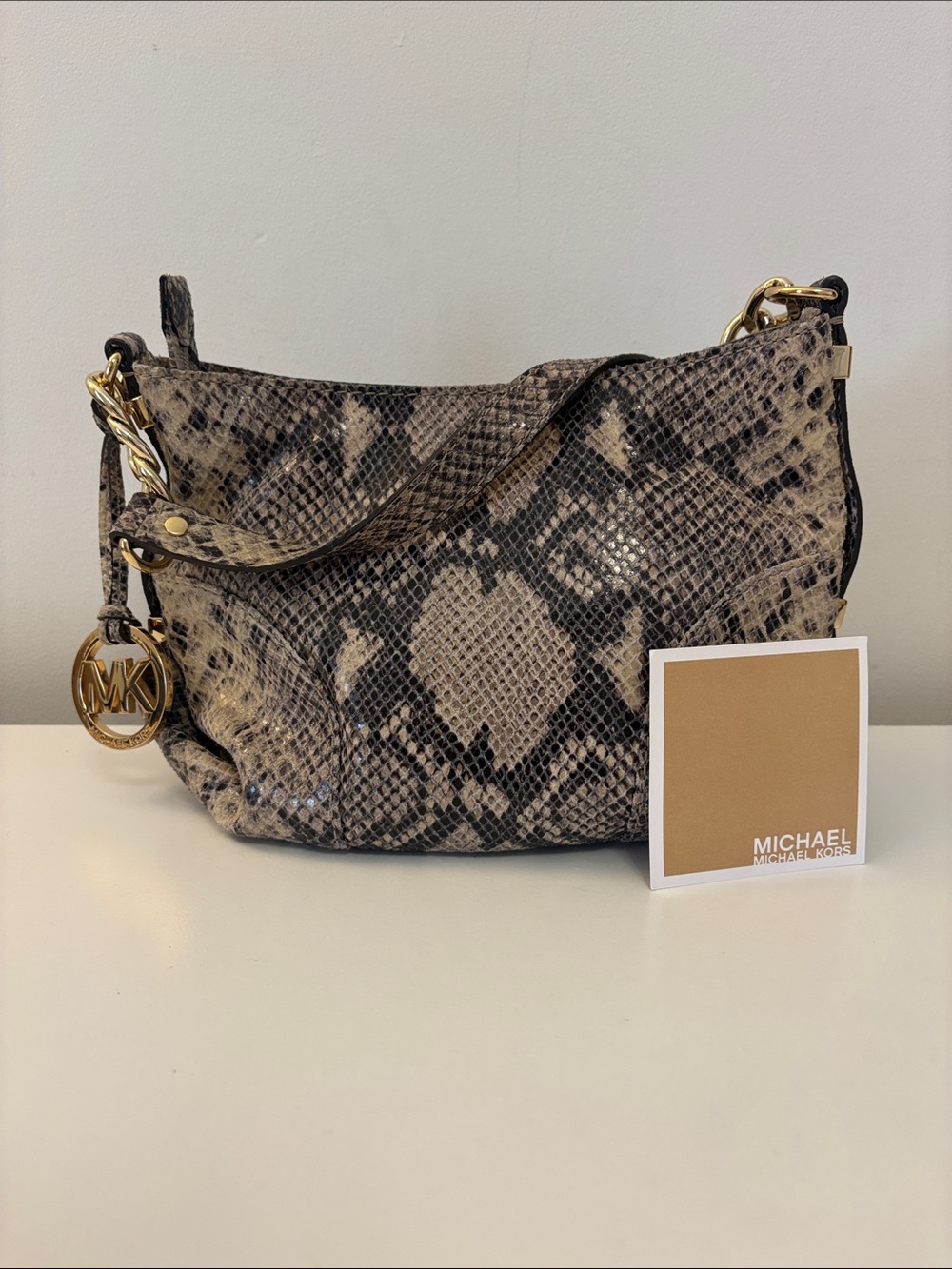 MICHAEL Michael Kors Snake-Print Beige and Black Hobo with Gold Hardware